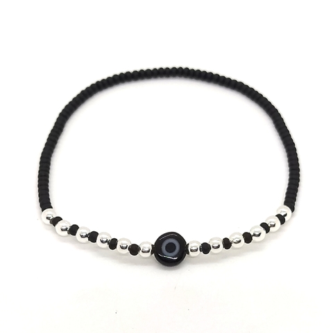 Pulsera Pecas > Mostacillas Checas Negras c/Cuentas De Plata #3 + Ojo Turco Negro