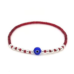 Pulsera Pecas > Mostacillas Checas Rojas c/Cuentas De Plata #3 + Ojo Turco Azul