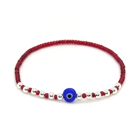 Pulsera Pecas > Mostacillas Checas Rojas c/Cuentas De Plata #3 + Ojo Turco Azul