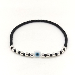 Pulsera Pecas > Mostacillas Checas Negras c/Cuentas De Plata #3 + Ojo Turco Celeste
