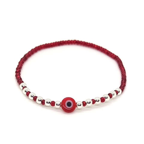 Pulsera Pecas > Mostacillas Checas Rojas c/Cuentas De Plata #3 + Ojo Turco Rojo