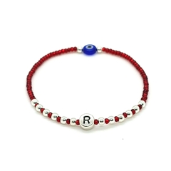 Pulsera Inicial Pecas > Plata #3 + Mostacilla Roja + Ojo Turco Azul + Inicial A Elección!