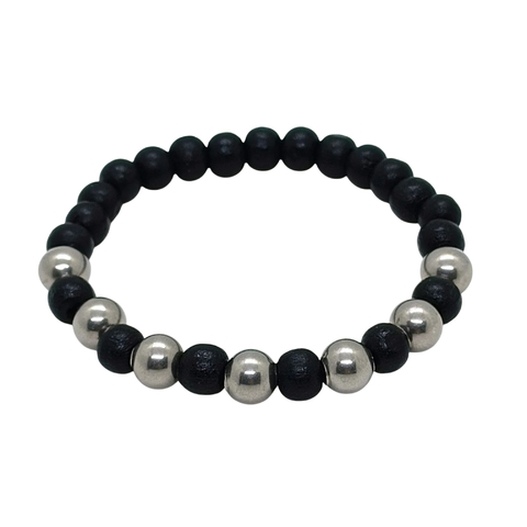 Pulsera Pecas de Acero y madera negra 6mm - Elastizada a Medida - comprar online