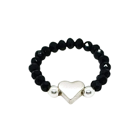Anillo Elastizado De Cristal Negro + Corazón Plata | AMALO - comprar online