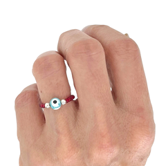 Anillo Elastizado Mostacilla Checa Rojo con Ojo Turco Celeste - comprar online