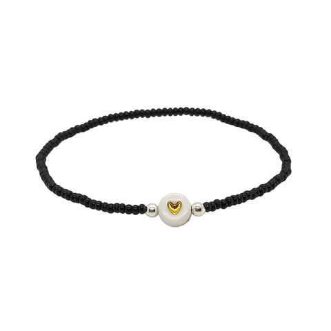 Pulsera Mostacilla Checa Negra con Corazón Dorado - Elastizada - comprar online