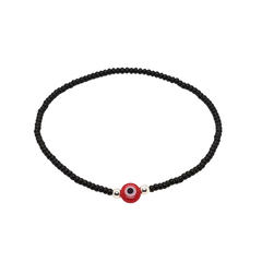 Pulsera elastizada Mostacilla Checa Negra y plata con Ojo Turco Rojo - comprar online