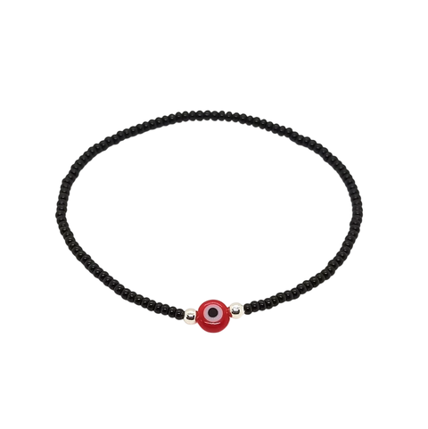 Pulsera elastizada Mostacilla Checa Negra y plata con Ojo Turco Rojo - comprar online