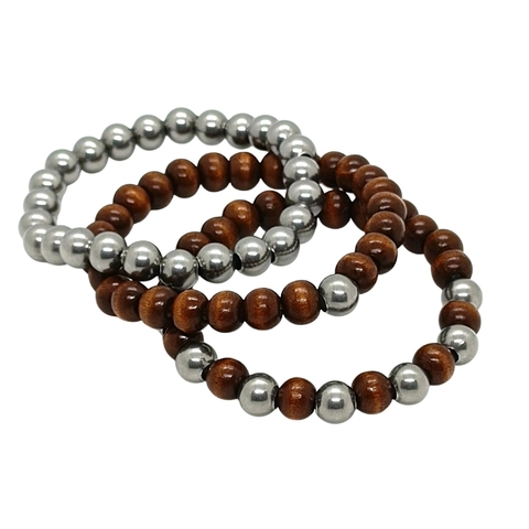 Mix 3 Pulseras Elastizadas de Acero y Madera 8mm a Medida - comprar online