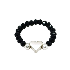 Anillo Elastizado De Cristal Negro + Corazón Plata | AMALO - comprar online