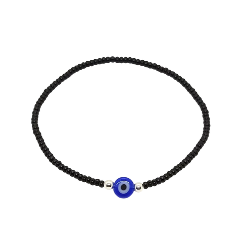Pulsera Mostacilla Checa Negra y plata con Ojo Turco Azul - Amuleto - comprar online