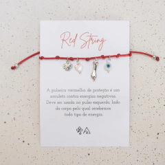 Pulseira Vermelha 7 Nós Amuletos Banhada a Ródio Branco