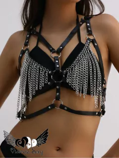 Pechera de cuero con arnes y cadenas Art -3615 - VictoriaSexy