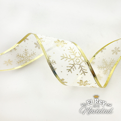 Cinta Decorativa Blanca y Dorada con Copos 5cm x 2mt