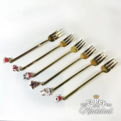 Set x 6 Tenedores de Copetin / Postre Dorado con Dije Navideño