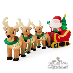 Inflable Papa Noel con Trineo y 3 Renos 3mts de largo