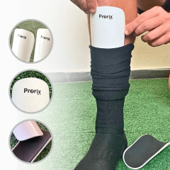 Caneleira de futebol branca Profix sendo ajustada na perna de um jogador, com detalhes de outros ângulos do produto.