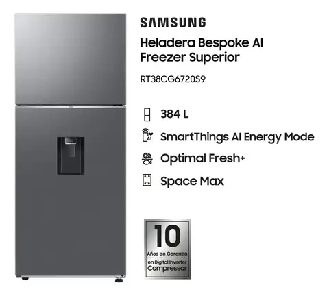 HELADERA CON FREEZER Y DISPENSER ACERO 384 LTS INVERTER SAMSUNG RT38CG6720