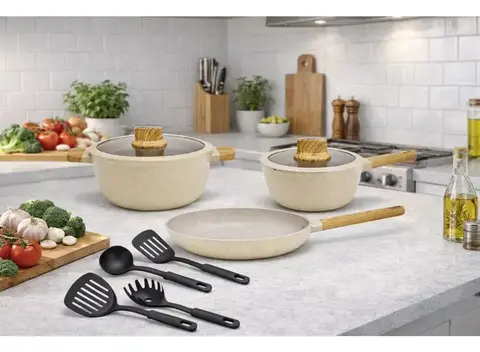 SET DE COCINA DE ALUMINIO FORJADO 9 PIEZAS GOURMET BEIGE KANJI JNA012