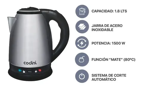 PAVA ELECTRICA 1500W 1.8 LTS CORTE MATE INOXIDABLE CODINI P18MAN