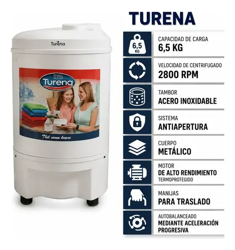 SECARROPAS CENTRIFUGO 2800 RPM 6.5 KG TURENA TU4002