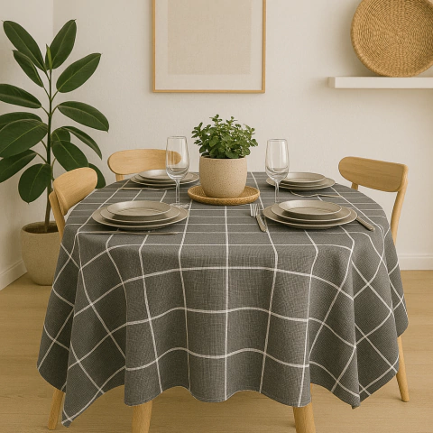 MANTEL TELA REDONDO 1.5 m GRIS CUADROS - comprar online