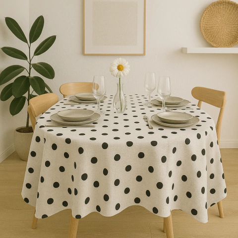 MANTEL TELA REDONDO 1.5 GRIS LUNARES NEGRO - comprar online