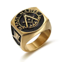 Anel maçom maçonico masculino aço 316l banhado a ouro 18k