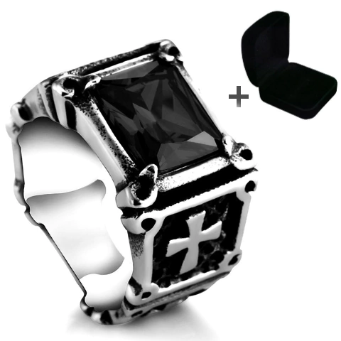 Anel masculino pedra rubi preta em aço gótico motociclista
