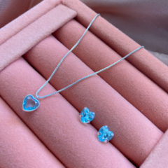 Conjunto Coração Alani Azul Claro Prata 925 - Judith Jóias 