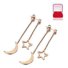 Brinco feminino elegante lua e estrela banho ouro rosê