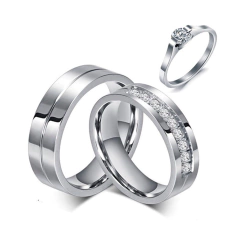 Par De Alianças Prateado Com Cristais Com Anel Solitário