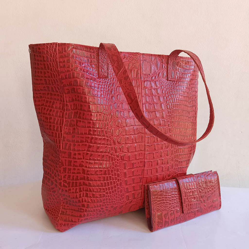 Tote BAG MILO Crocco Rojo C/ Cierre + Billetera