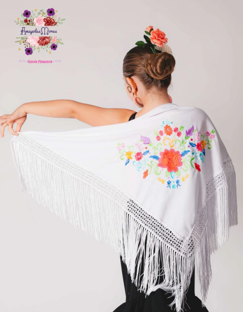 Pico Mantoncillo Chico de Jersey Bordado a maquina Español 120mt Blanco con Flores Multicolor