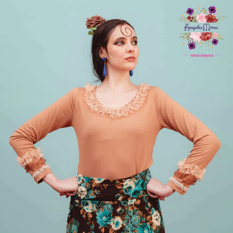 Blusa de Modal Manga Larga con Puntillas en Escote y mangas Beige - comprar online