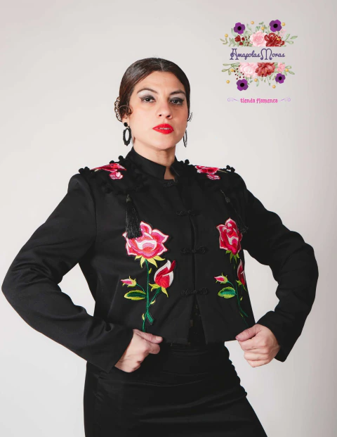 Chaqueta Torera Bordada Española con Flor color Negra