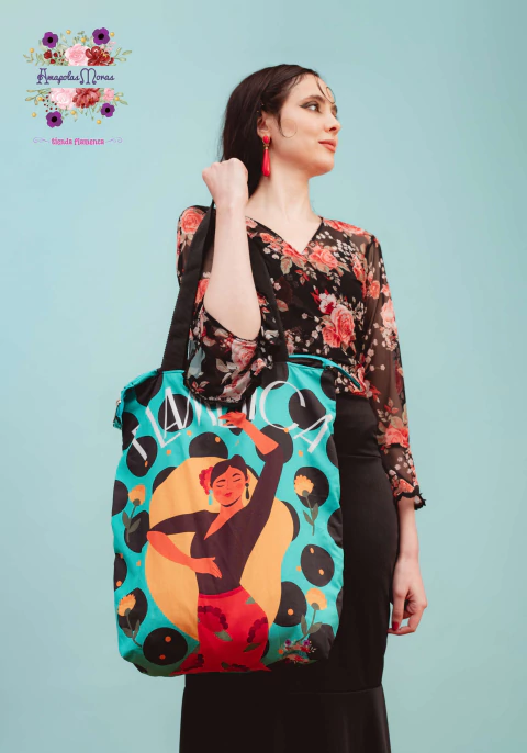 Bolso de diseño Bailaora Turquesa Tela estampada manija y cierre Flamenca de ensayo o Regalos