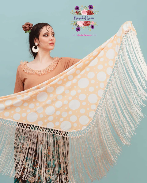 Mantoncillo Mediano Lunares irregulares de Crep de Seda Beige y Blanco