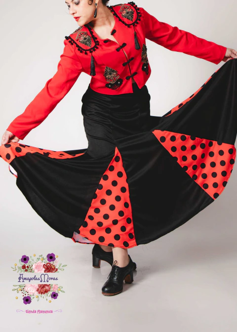 Falda flamenca Sirena Gajos Negra con Godes Rojo Lunar Negro | Pollera flamenca