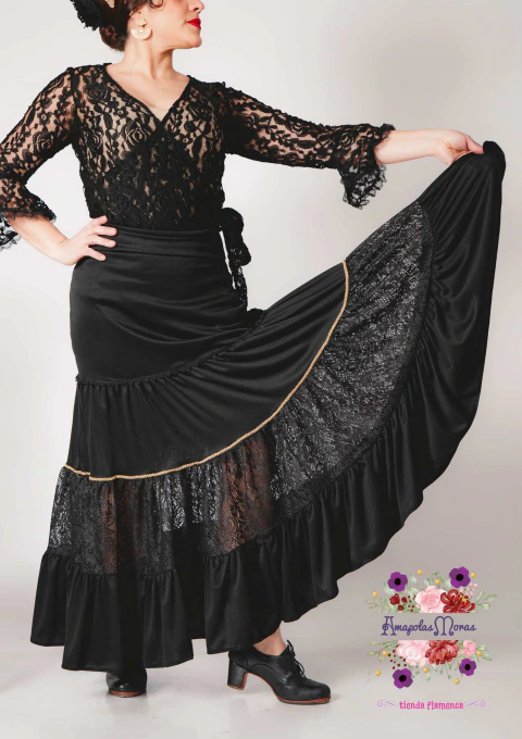 Black Jersey and Lace Bambera Canastera Skirt | Flamenco Skirt