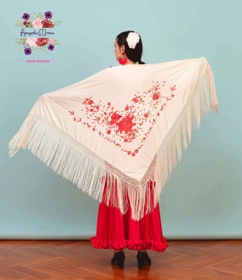 Large triangular shirt embroidered by machine on jersey 2mt cream with red flowers - buy online