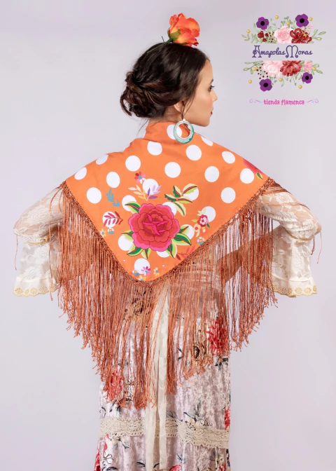 Mantoncillo Pico Estampado Lunares y Flores de Manila Ocre y Blanco - comprar online