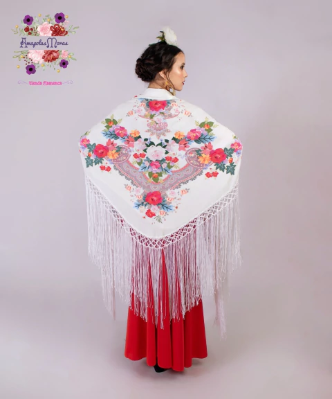 Square Manila Print Shawl in White Arabesques 1.40mts - buy online