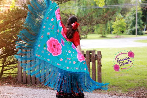 Manton Cuadrado Estampado Simil Manila Turquesa flores violeta 1.40mts - comprar online