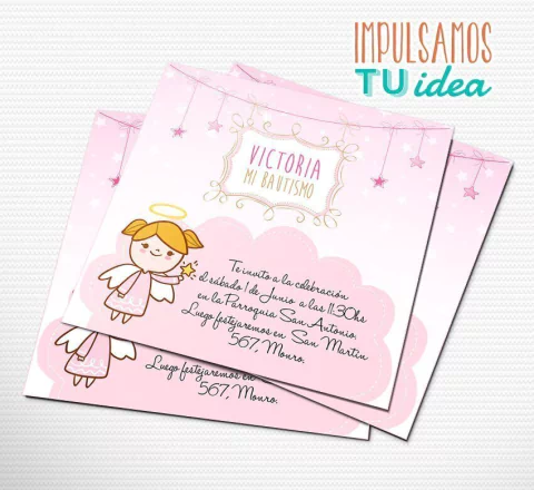 Invitación Bautismo Rosa Con Angelita Imprimible