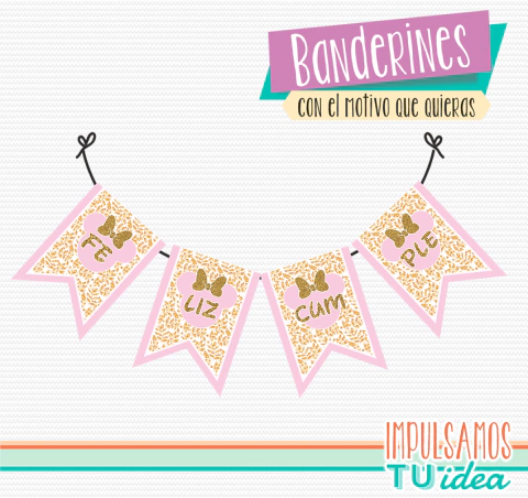 Cumple minnie, banderín minnie dorado imprimible