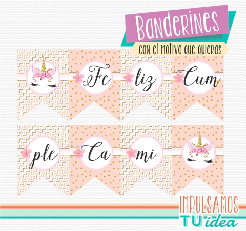 Cumple Unicornio, banderín unicornio imprimible