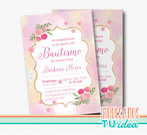 Estampita bautismo nena con flores rosas IMPRIMIBLE