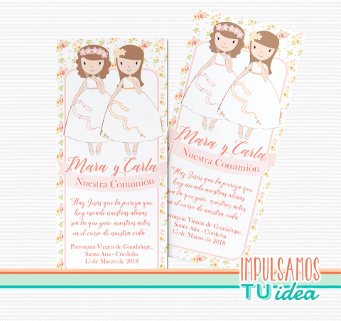 comunión mellizas, estampita comunión con flores IMPRIMIBLE