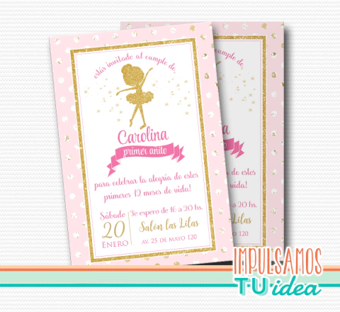 Cumple bailarina, invitación bailarina con dorado IMPRIMIBLE
